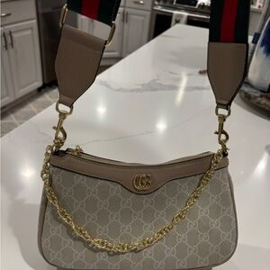 Beige Shoulder Bag with Gold Chain